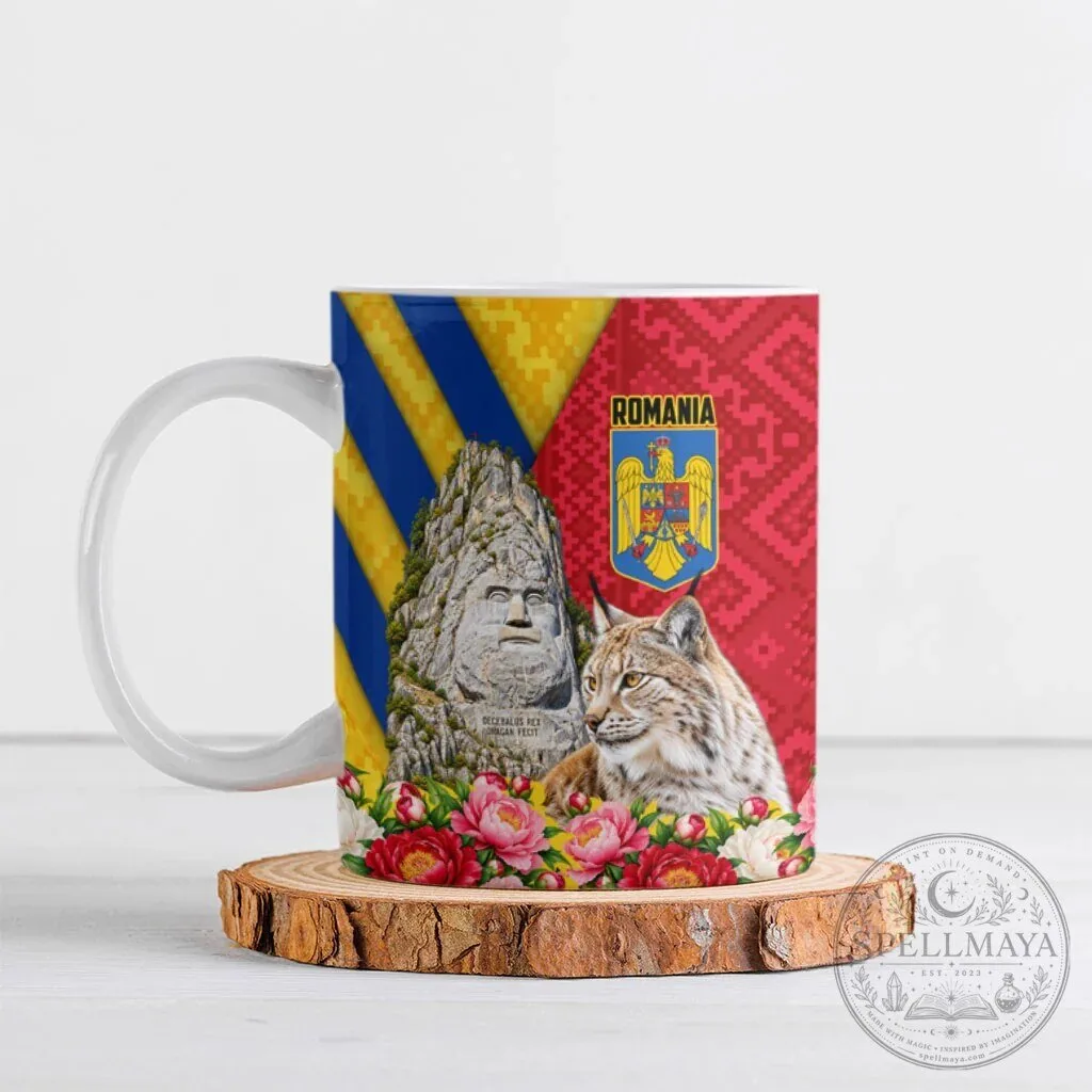 Romania Flag Decebalus Rex Lynx Peony Floral Motif Ceramic Coffee Mug