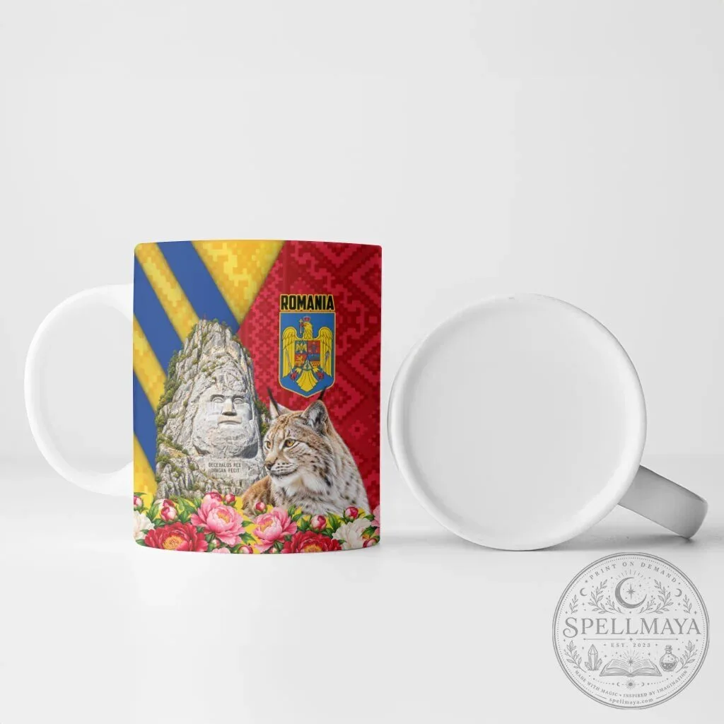Romania Flag Decebalus Rex Lynx Peony Floral Motif Ceramic Coffee Mug 12 Romania Flag Decebalus Rex Lynx Peony Floral Motif Ceramic Coffee Mug