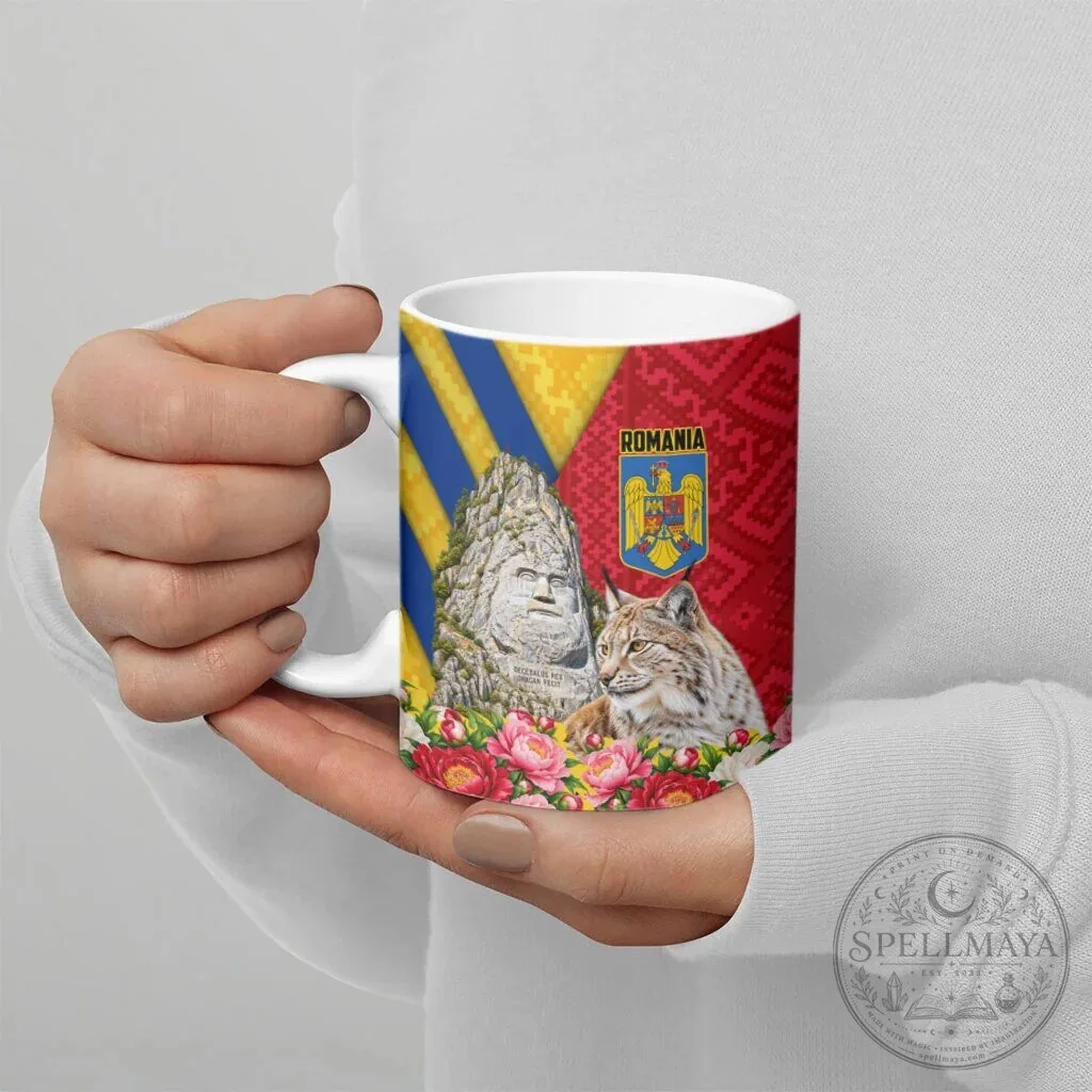 Romania Flag Decebalus Rex Lynx Peony Floral Motif Ceramic Coffee Mug 15 Romania Flag Decebalus Rex Lynx Peony Floral Motif Ceramic Coffee Mug