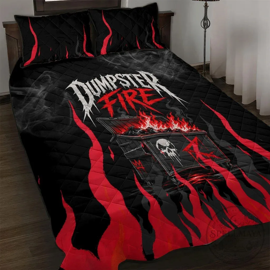 Dumpster Fire Everything Is Fine Heavy Metal Skull Flame Quilted Bedding Set