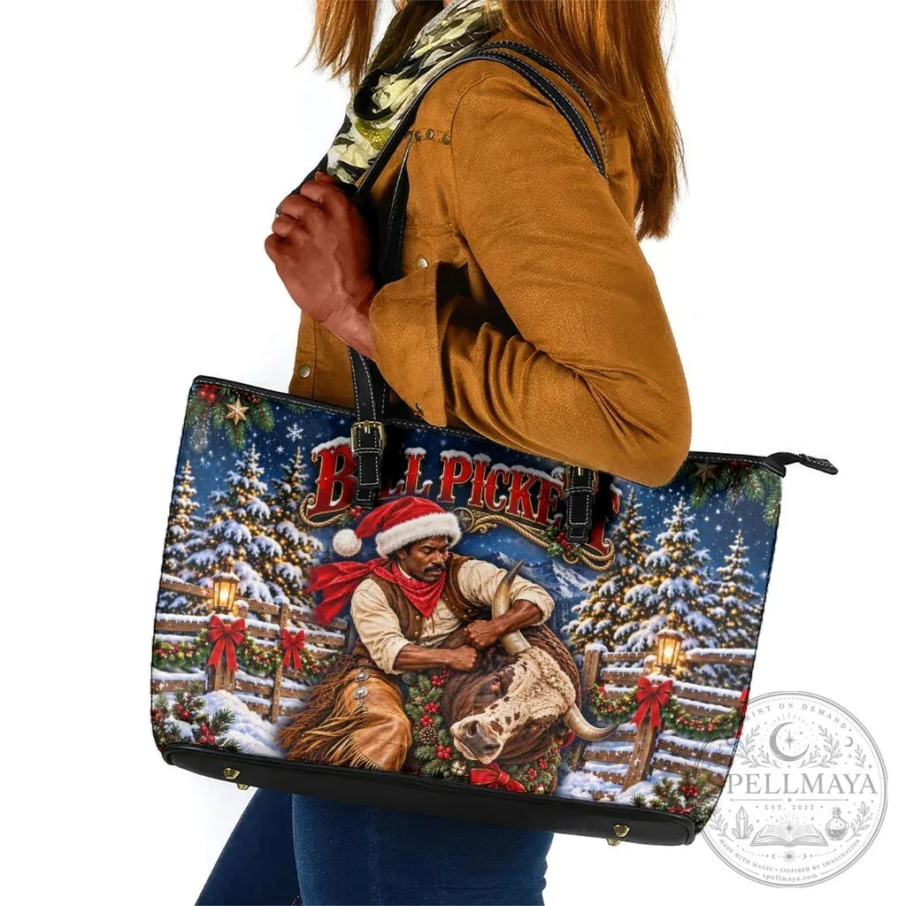 Bill Pickett Christmas Bull Rider Leather Tote Bag Snowy Winter Rodeo Night Art
