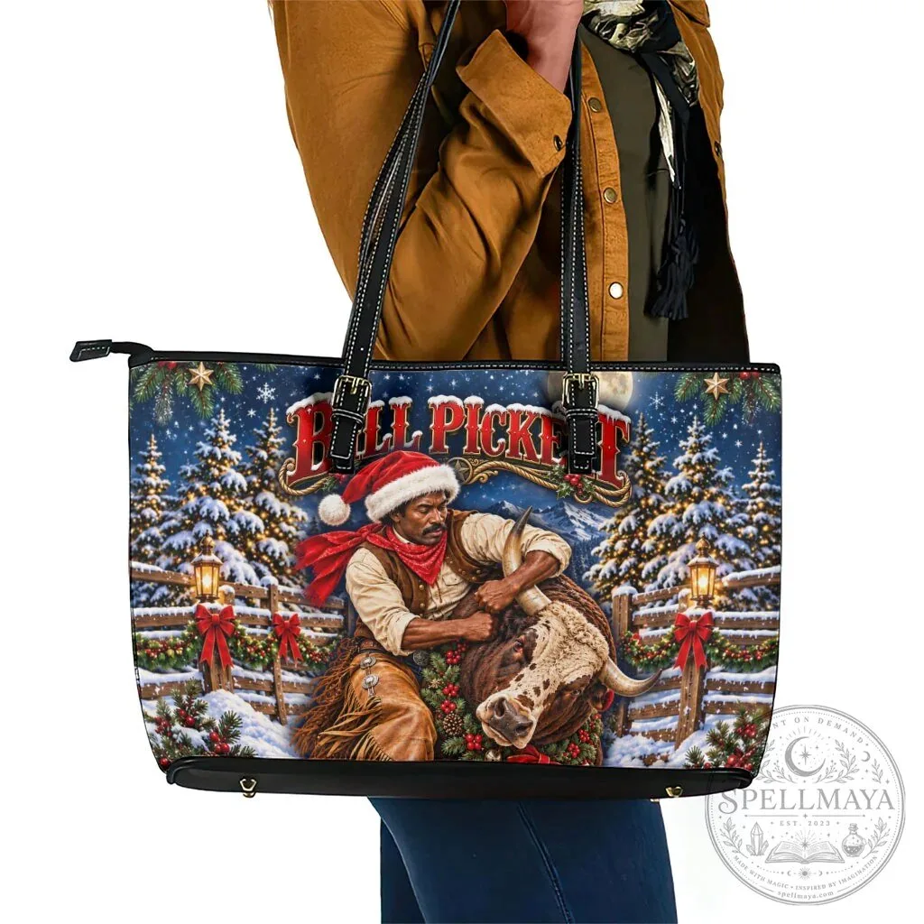 Bill Pickett Christmas Bull Rider Leather Tote Bag Snowy Winter Rodeo Night Art 9 Bill Pickett Christmas Bull Rider Leather Tote Bag Snowy Winter Rodeo Night Art
