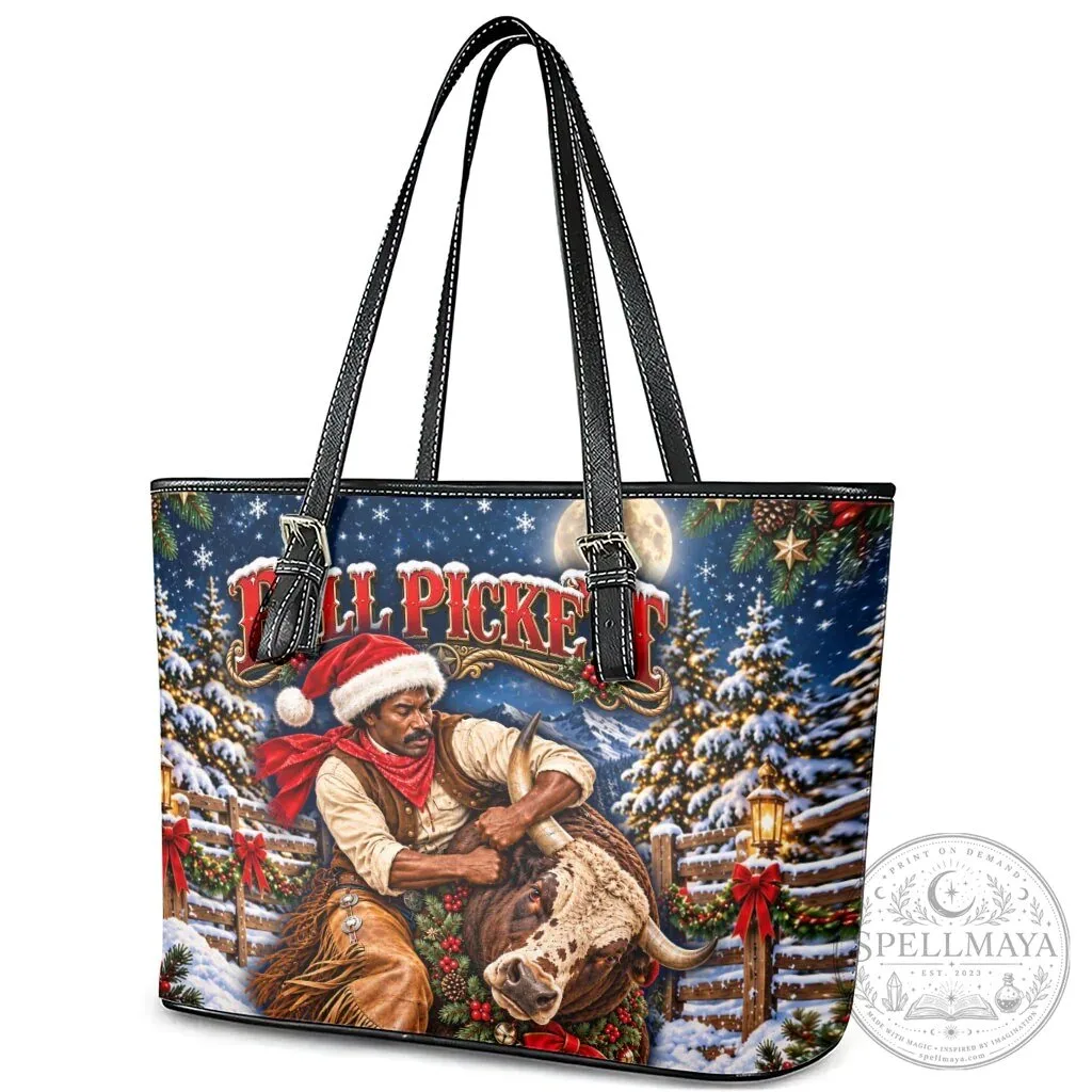 Bill Pickett Christmas Bull Rider Leather Tote Bag Snowy Winter Rodeo Night Art 10 Bill Pickett Christmas Bull Rider Leather Tote Bag Snowy Winter Rodeo Night Art
