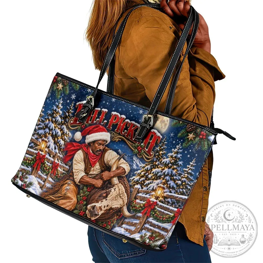 Bill Pickett Christmas Bull Rider Leather Tote Bag Snowy Winter Rodeo Night Art 11 Bill Pickett Christmas Bull Rider Leather Tote Bag Snowy Winter Rodeo Night Art
