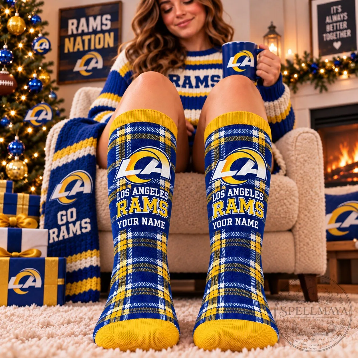 Los Angeles Rams NFL Plaid Custom Name Crew Socks