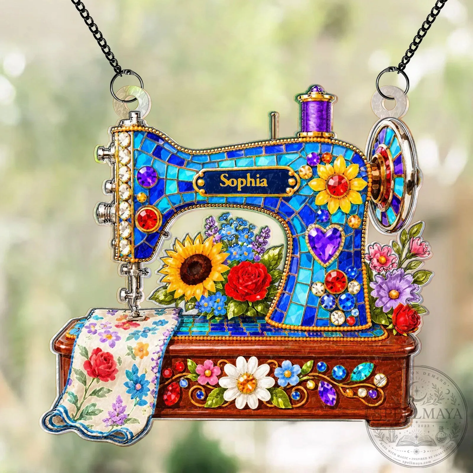 Personalized Sewing Machine Stained Glass Design Window Hanging Suncatcher