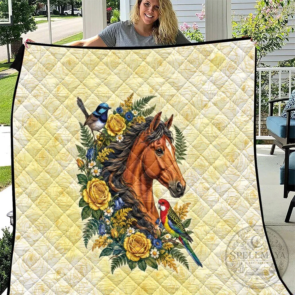 Horse Yellow Rose Wreath Australian Blue Wren Rosella Parrot Quilt Blanket