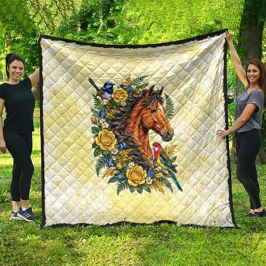 Horse Yellow Rose Wreath Australian Blue Wren Rosella Parrot Quilt Blanket 13 Horse Yellow Rose Wreath Australian Blue Wren Rosella Parrot Quilt Blanket