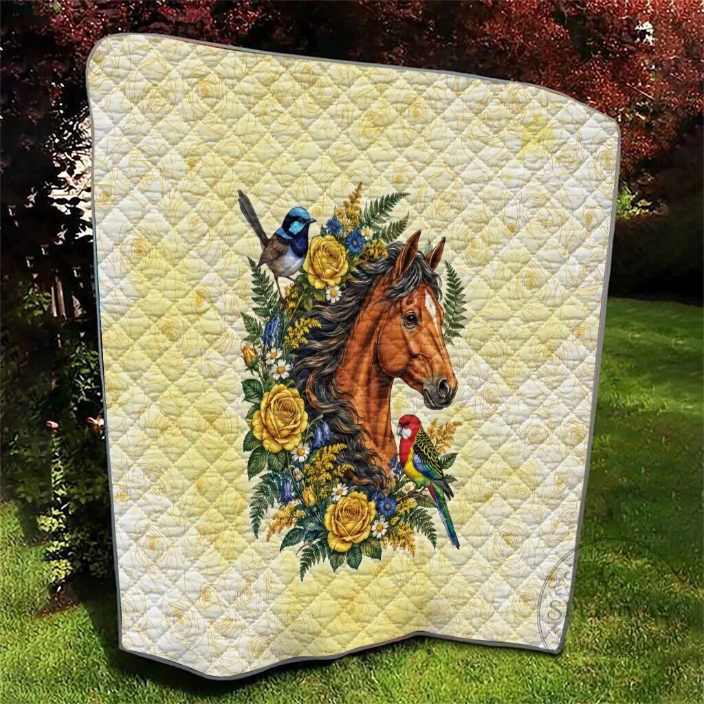 Horse Yellow Rose Wreath Australian Blue Wren Rosella Parrot Quilt Blanket 14 Horse Yellow Rose Wreath Australian Blue Wren Rosella Parrot Quilt Blanket