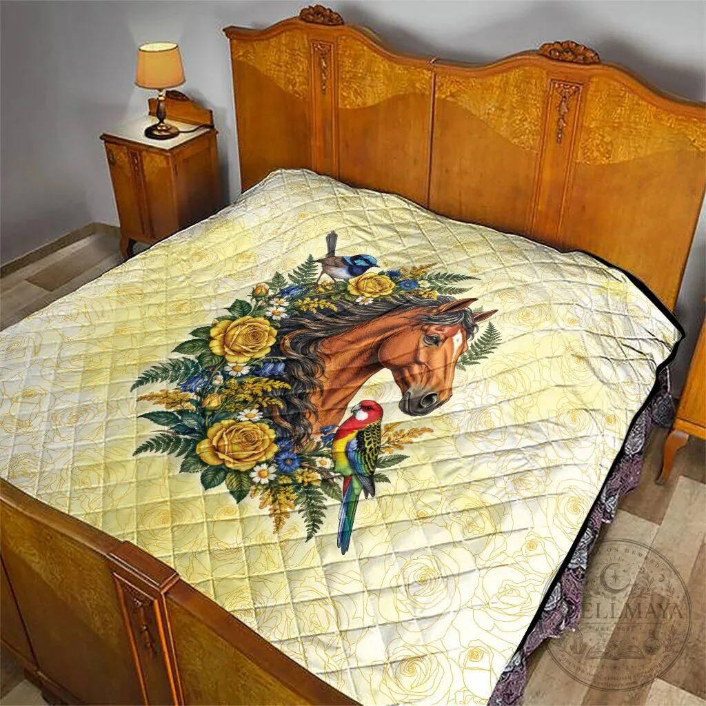 Horse Yellow Rose Wreath Australian Blue Wren Rosella Parrot Quilt Blanket 15 Horse Yellow Rose Wreath Australian Blue Wren Rosella Parrot Quilt Blanket