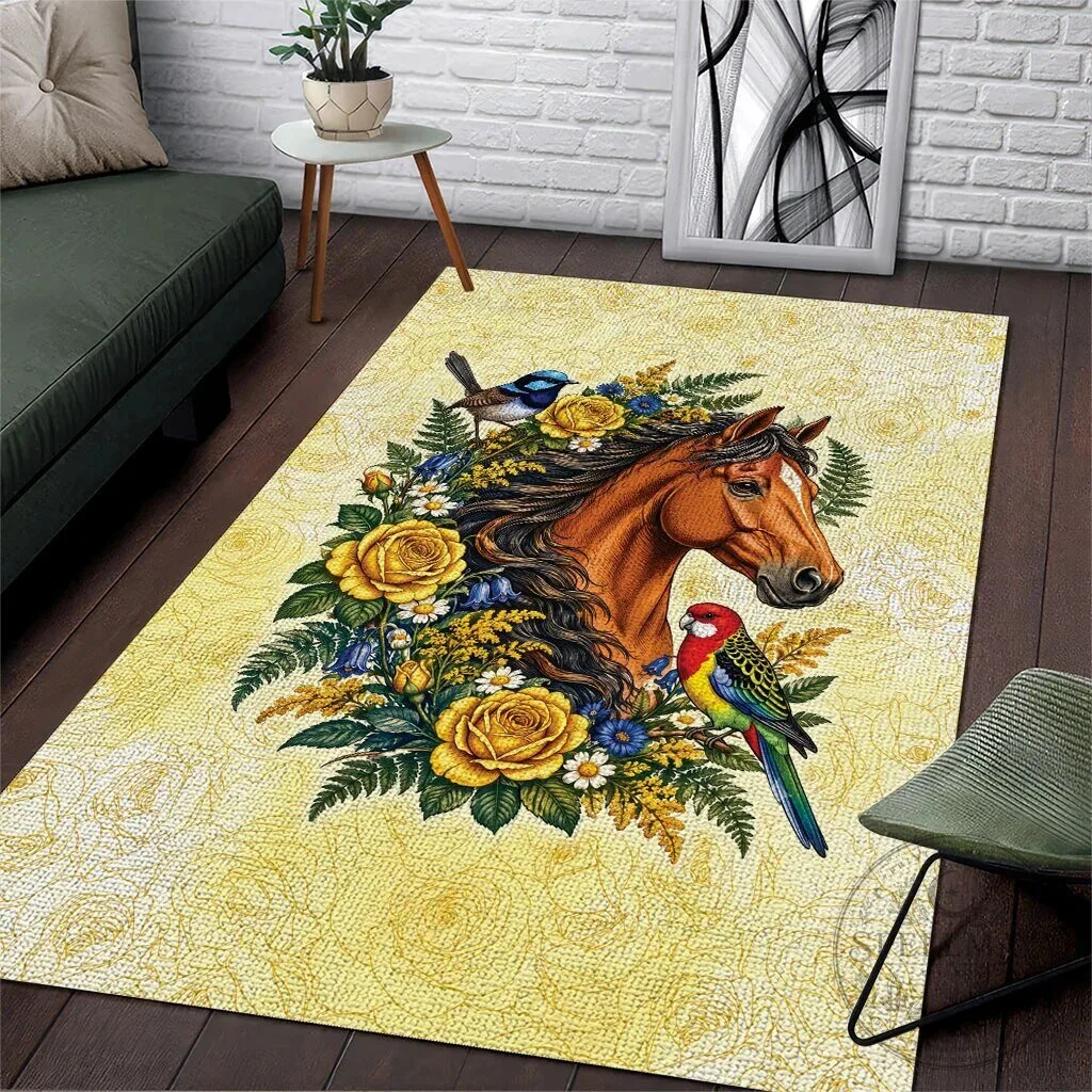 Melbourne Horse Yellow Rose Wreath Area Rug with Blue Wren and Rosella Parrot
