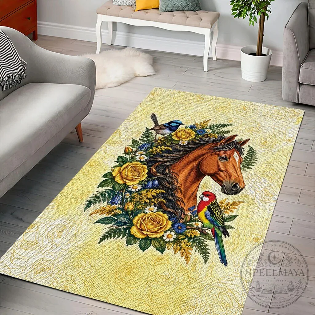 Melbourne Horse Yellow Rose Wreath Area Rug with Blue Wren and Rosella Parrot 10 Melbourne Horse Yellow Rose Wreath Area Rug with Blue Wren and Rosella Parrot