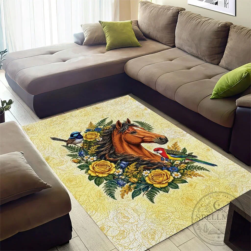 Melbourne Horse Yellow Rose Wreath Area Rug with Blue Wren and Rosella Parrot 11 Melbourne Horse Yellow Rose Wreath Area Rug with Blue Wren and Rosella Parrot