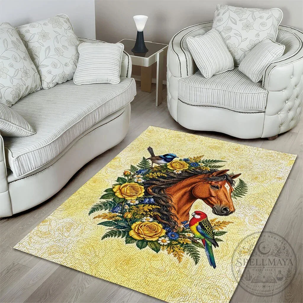 Melbourne Horse Yellow Rose Wreath Area Rug with Blue Wren and Rosella Parrot 12 Melbourne Horse Yellow Rose Wreath Area Rug with Blue Wren and Rosella Parrot