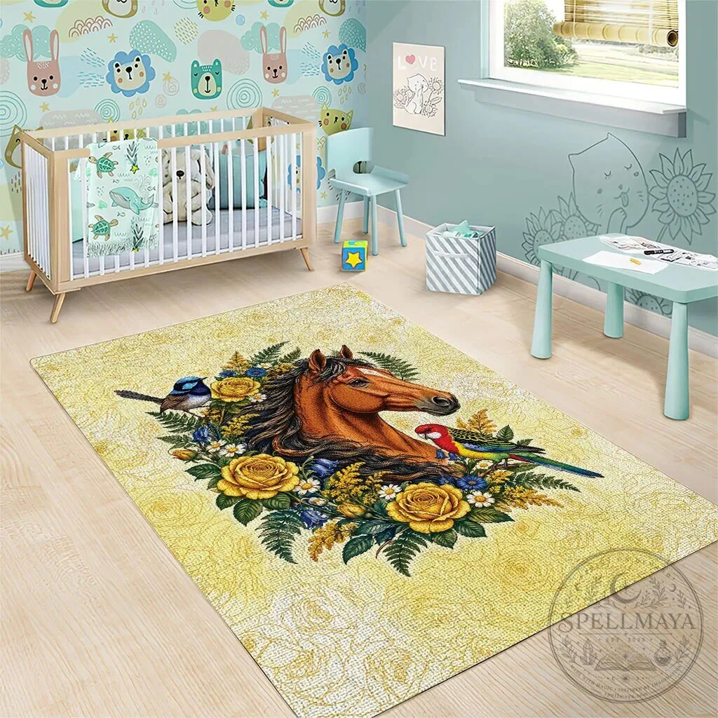 Melbourne Horse Yellow Rose Wreath Area Rug with Blue Wren and Rosella Parrot 13 Melbourne Horse Yellow Rose Wreath Area Rug with Blue Wren and Rosella Parrot