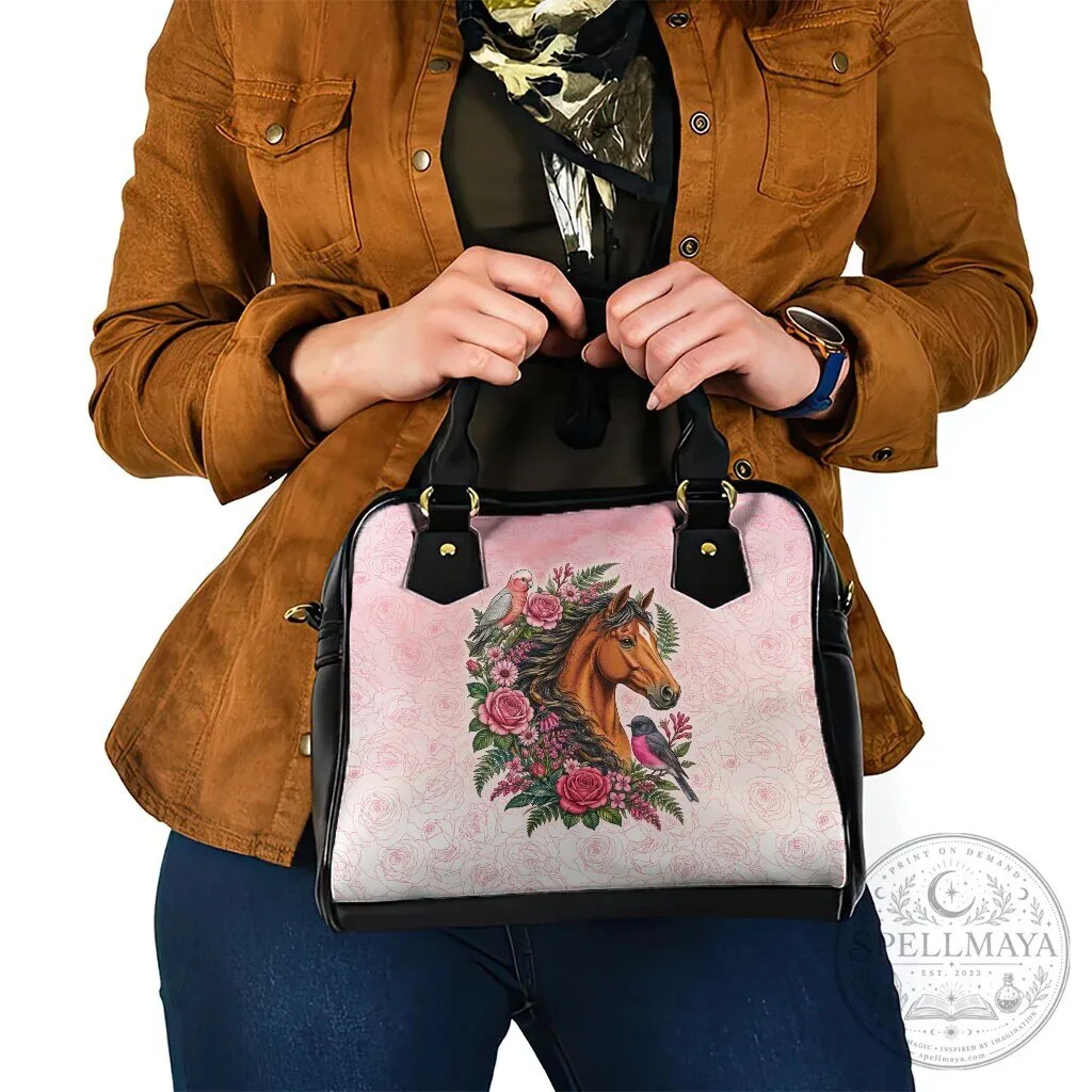 Elegant Horse Pink Rose Wreath Shoulder Handbag with Galah Cockatoo and Pink Robin 13 Elegant Horse Pink Rose Wreath Shoulder Handbag with Galah Cockatoo and Pink Robin
