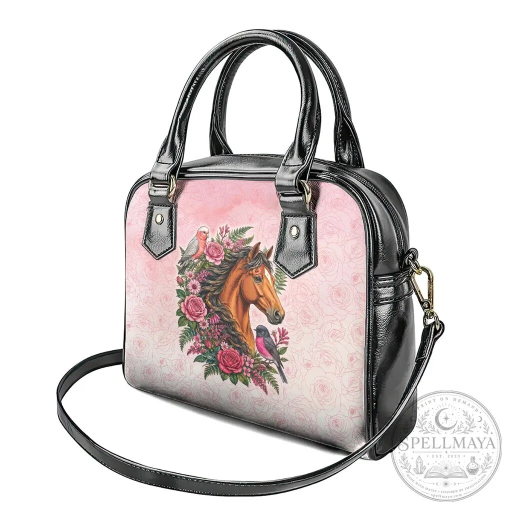 Elegant Horse Pink Rose Wreath Shoulder Handbag with Galah Cockatoo and Pink Robin 14 Elegant Horse Pink Rose Wreath Shoulder Handbag with Galah Cockatoo and Pink Robin