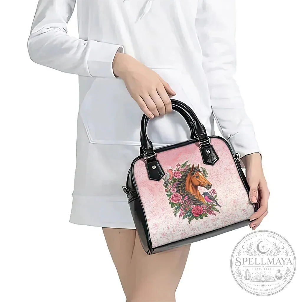 Elegant Horse Pink Rose Wreath Shoulder Handbag with Galah Cockatoo and Pink Robin 15 Elegant Horse Pink Rose Wreath Shoulder Handbag with Galah Cockatoo and Pink Robin
