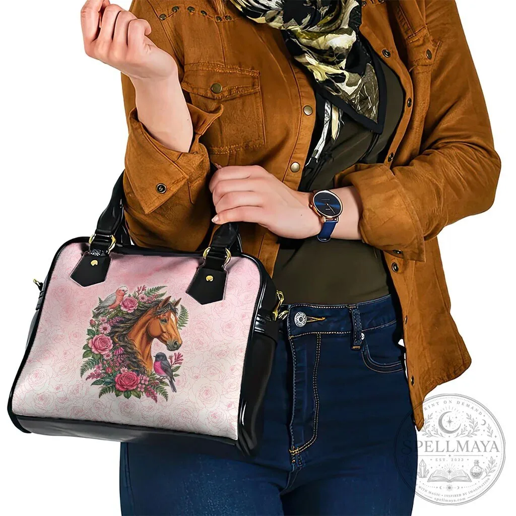 Elegant Horse Pink Rose Wreath Shoulder Handbag with Galah Cockatoo and Pink Robin 17 Elegant Horse Pink Rose Wreath Shoulder Handbag with Galah Cockatoo and Pink Robin