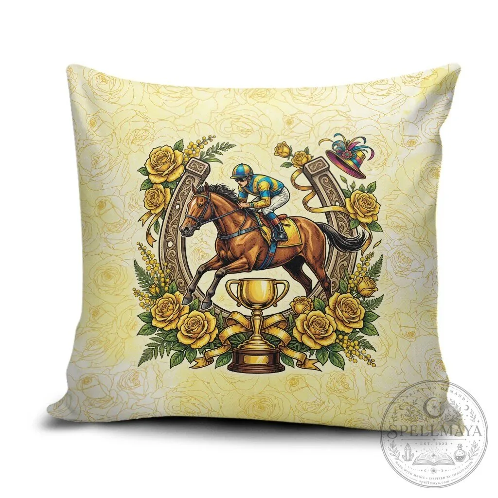Melbourne Horse Racing Jockey Yellow Rose Floral Horseshoe Pillow Cover