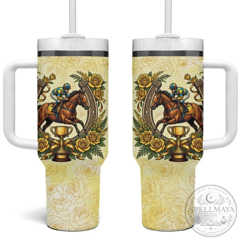 Melbourne Horse Racing Jockey Floral Horseshoe Yellow Rose Tumbler