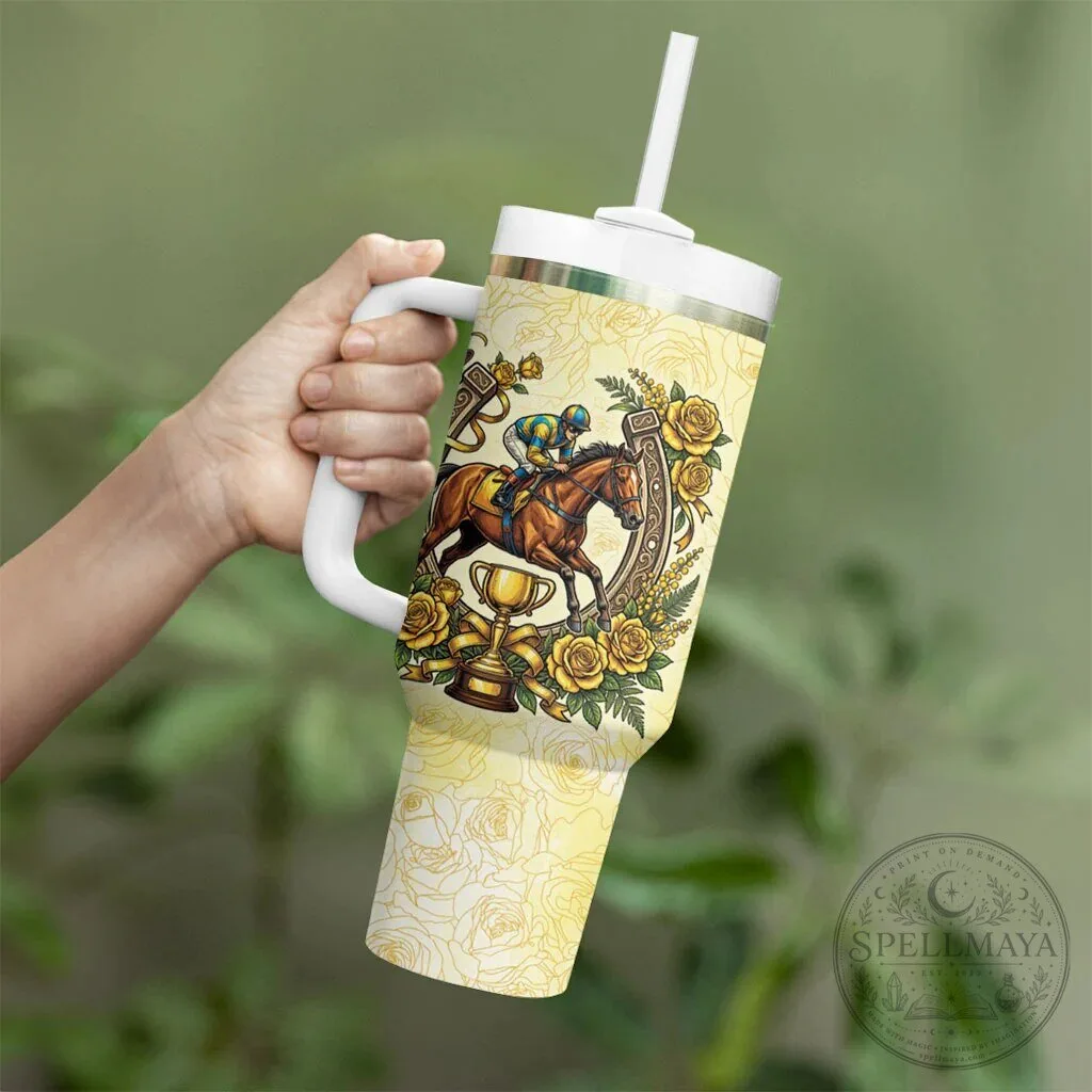 Melbourne Horse Racing Jockey Floral Horseshoe Yellow Rose Tumbler 12 Melbourne Horse Racing Jockey Floral Horseshoe Yellow Rose Tumbler