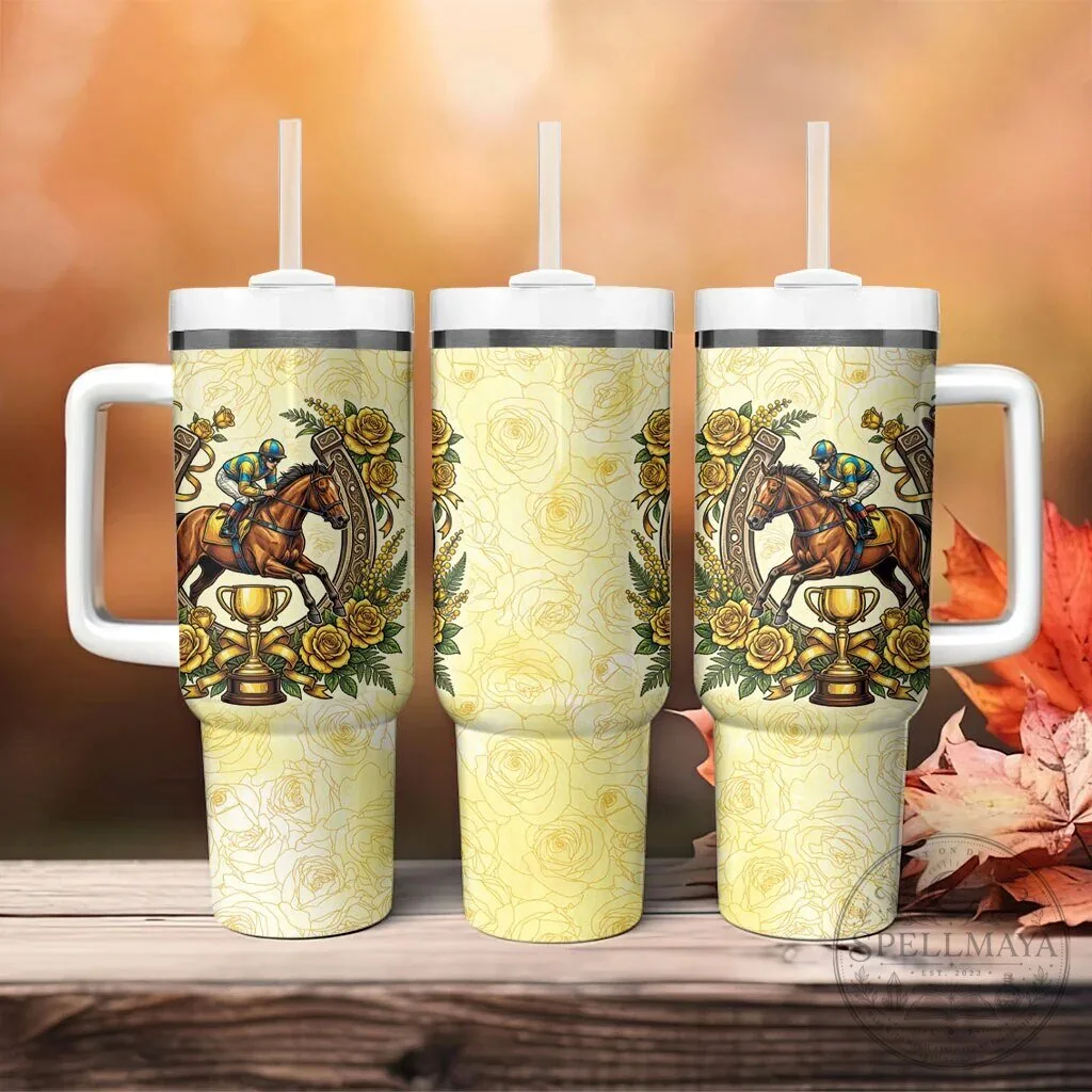 Melbourne Horse Racing Jockey Floral Horseshoe Yellow Rose Tumbler 13 Melbourne Horse Racing Jockey Floral Horseshoe Yellow Rose Tumbler