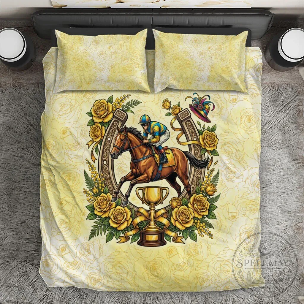 Melbourne Horse Race Yellow Rose Floral Horseshoe Bedding Set