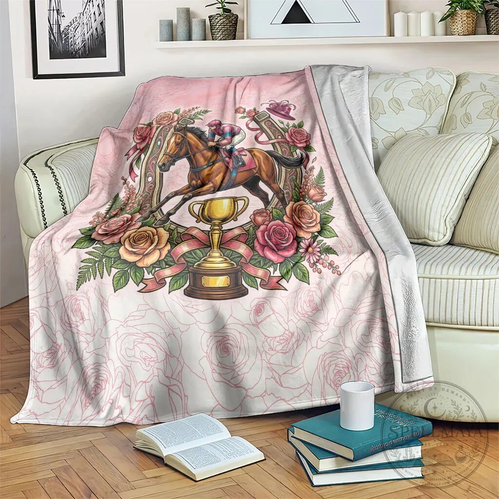 Melbourne Horse Racing Floral Horseshoe Pink Rose Throw Blanket