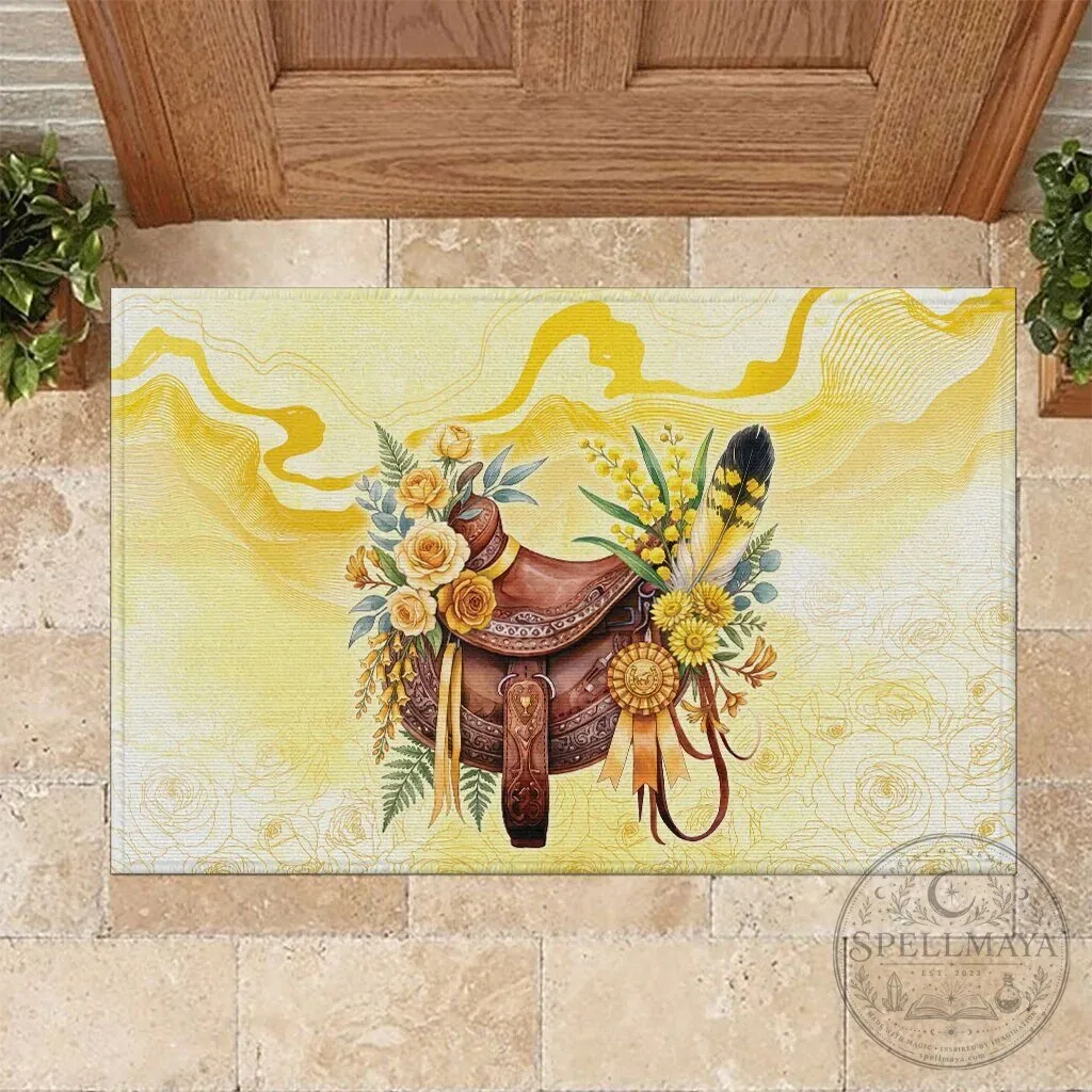 Yellow Rose and Wattle Flowers Horse Saddle Floral Welcome Doormat