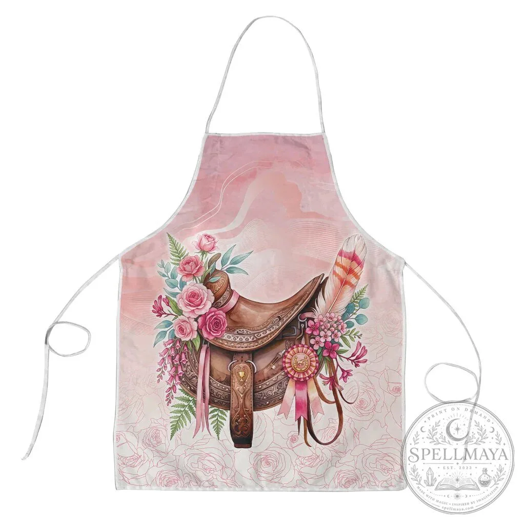 Pink Rose Floral Horse Saddle Watercolor Design Kitchen Apron with Pockets