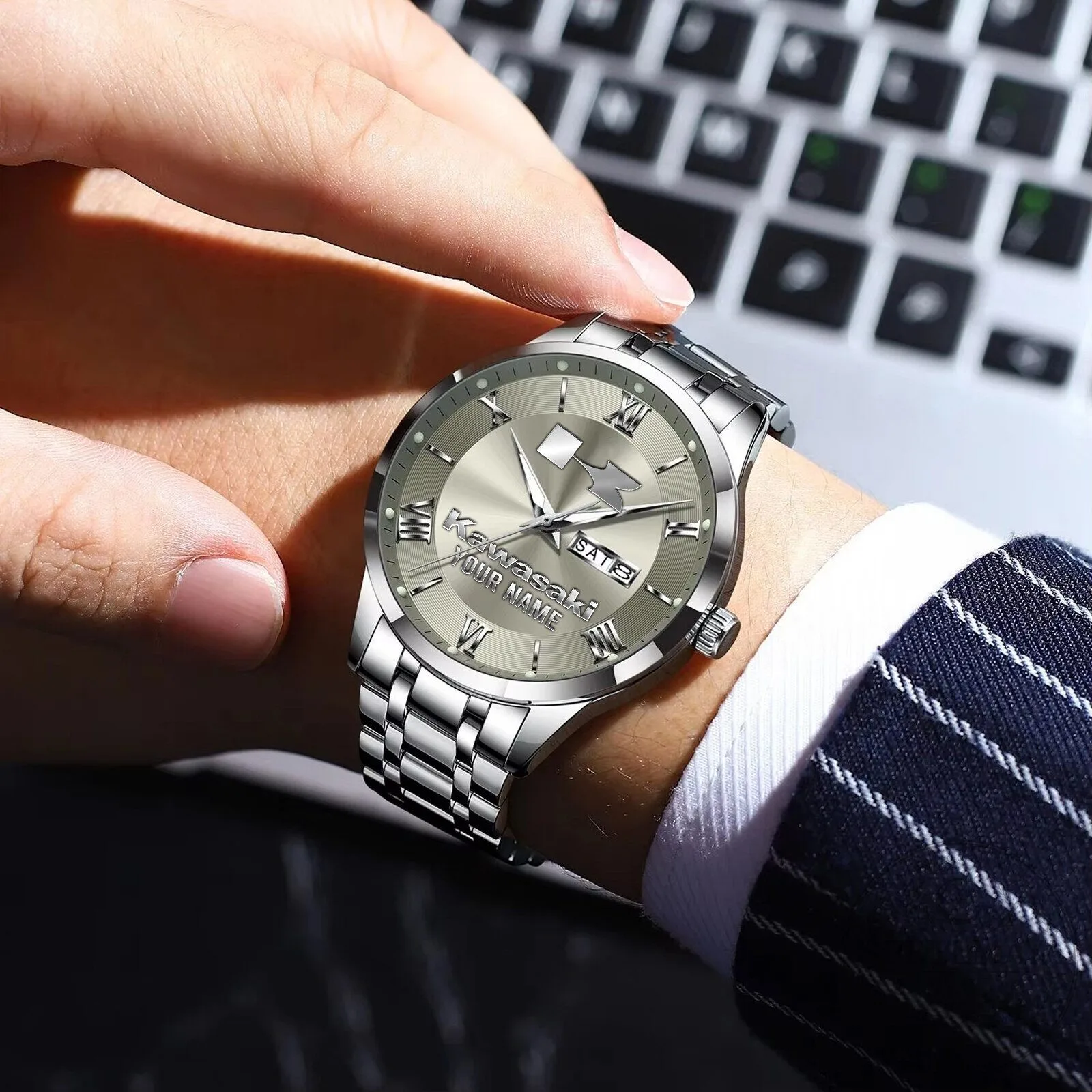 Kawasaki Custom Name Elegant Silver Men's Stainless Steel Watch 17 Kawasaki Custom Name Elegant Silver Men