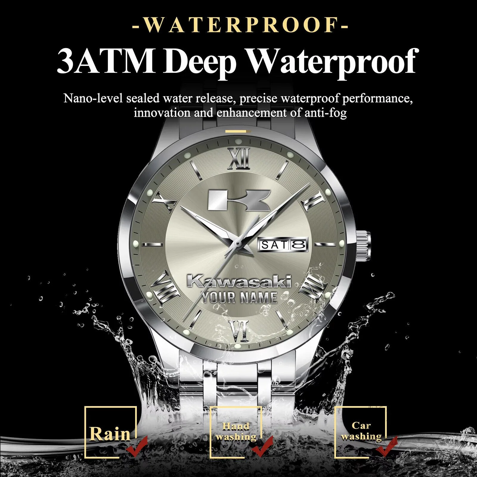 Kawasaki Custom Name Elegant Silver Men's Stainless Steel Watch 20 Kawasaki Custom Name Elegant Silver Men