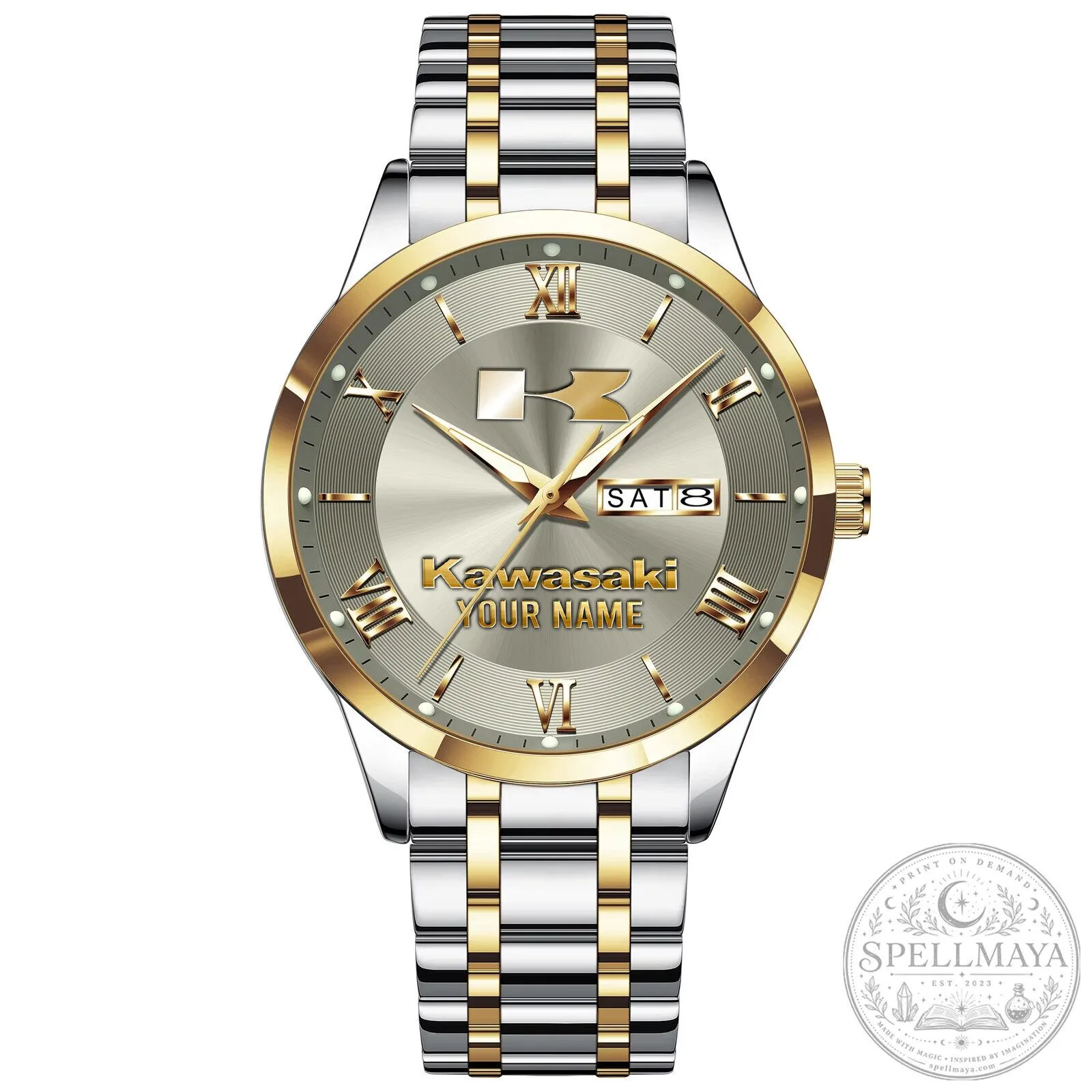 Kawasaki Custom Name Elegant Silver Men's Stainless Steel Watch 22 Kawasaki Custom Name Elegant Silver Men