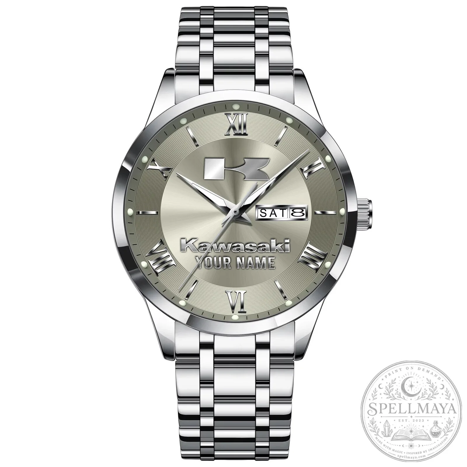 Kawasaki Custom Name Elegant Silver Men's Stainless Steel Watch 26 Kawasaki Custom Name Elegant Silver Men