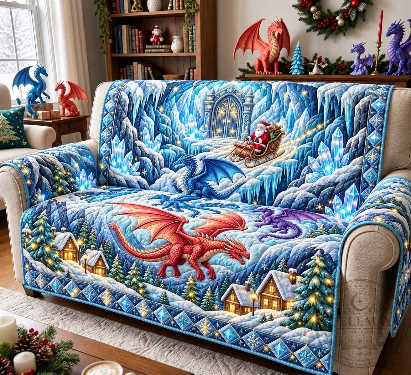 Frozen Dragon Kingdom Christmas Winter Holiday Quilted Sofa Cover Protector