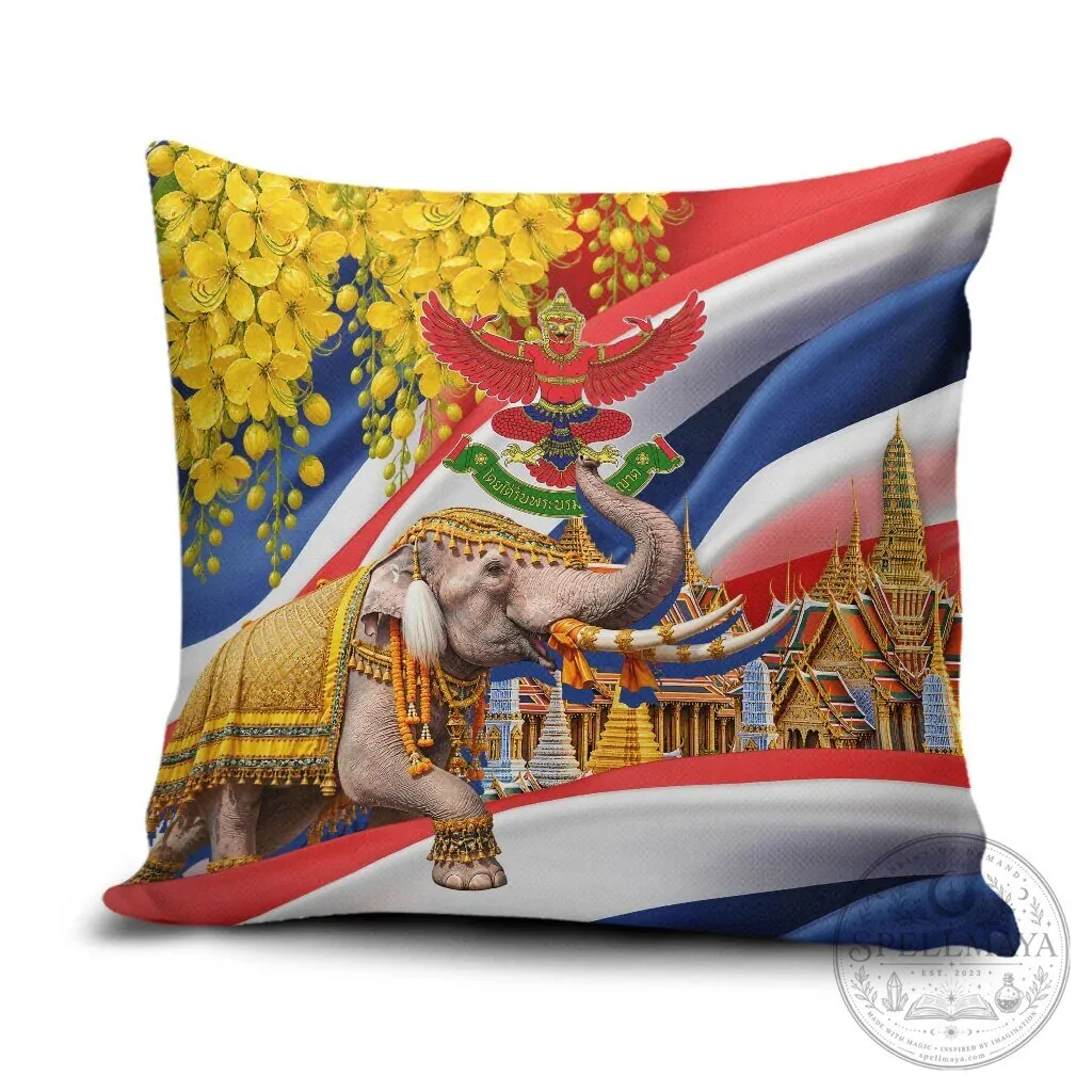 Thailand Flag Elephant Golden Buddha Temple Garuda Art Throw Pillow