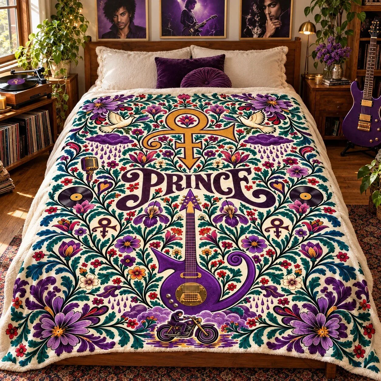 Prince Purple Rain Album Cover Art Floral Sherpa Blanket