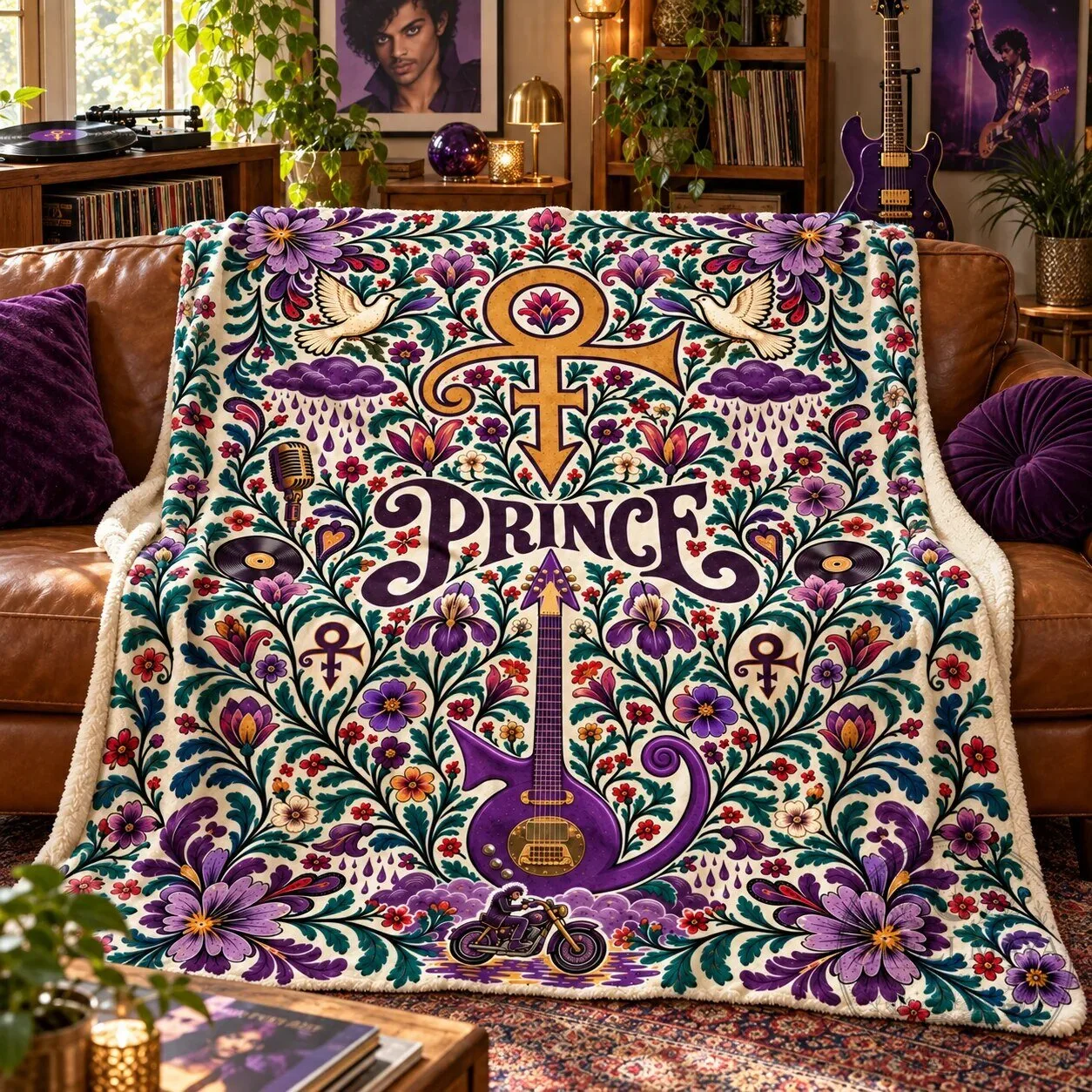 Prince Purple Rain Album Cover Art Floral Sherpa Blanket 11 Prince Purple Rain Album Cover Art Floral Sherpa Blanket