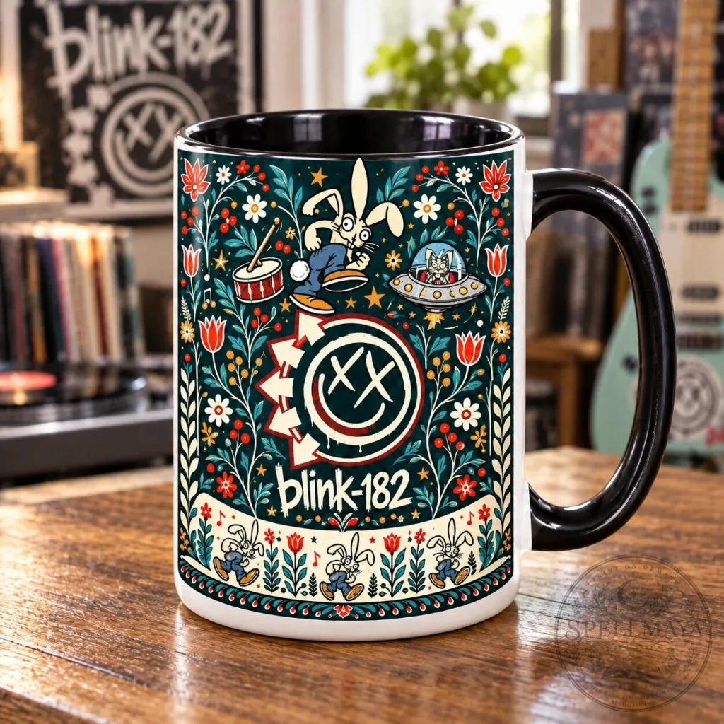 Blink-182 Nordic Folk Art Bunny Mascot and Smiley Logo Coffee Mug Blink-182 Nordic Folk Art Bunny Mascot and Smiley Logo Coffee Mug