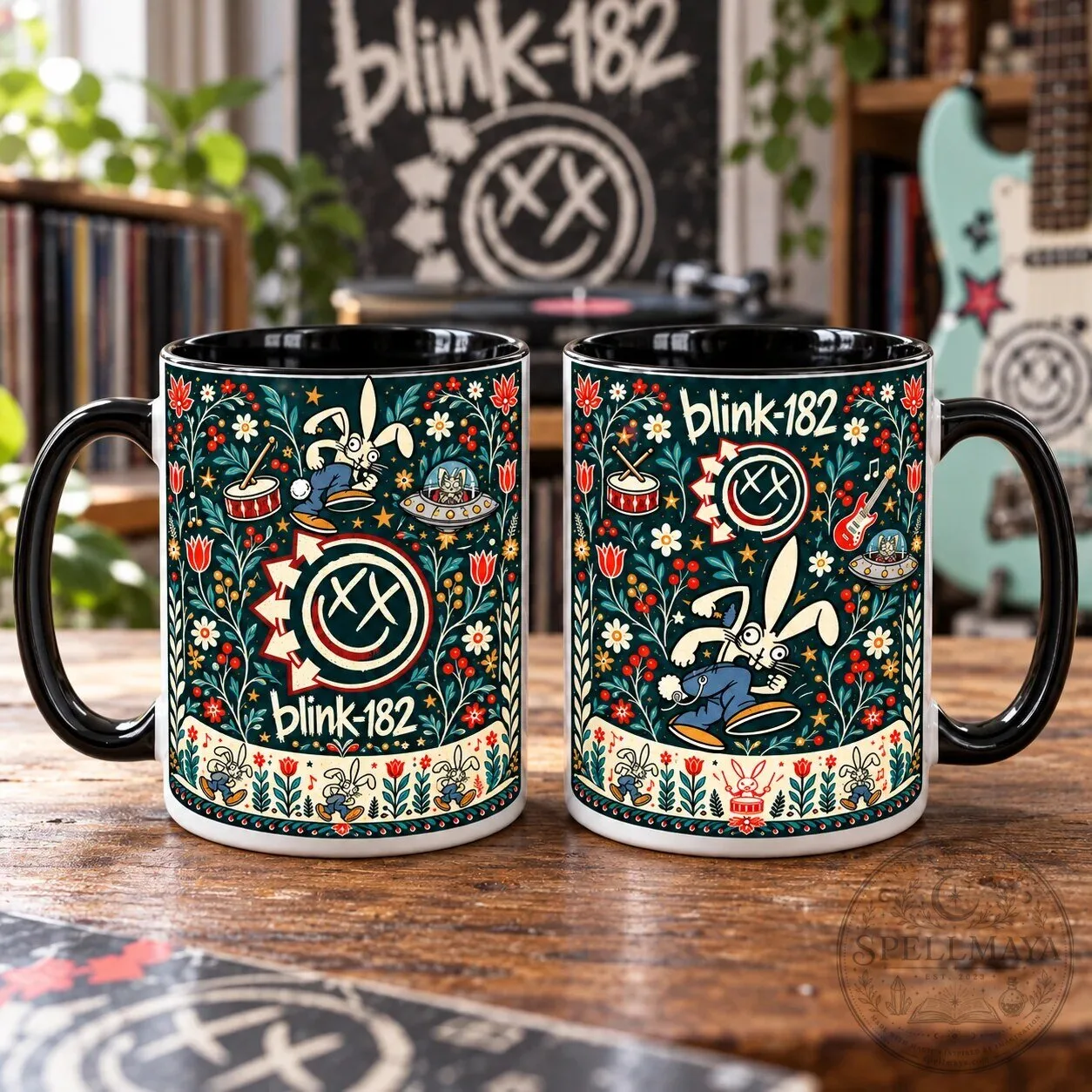 Blink-182 Nordic Folk Art Bunny Mascot and Smiley Logo Coffee Mug 10 Blink-182 Nordic Folk Art Bunny Mascot and Smiley Logo Coffee Mug