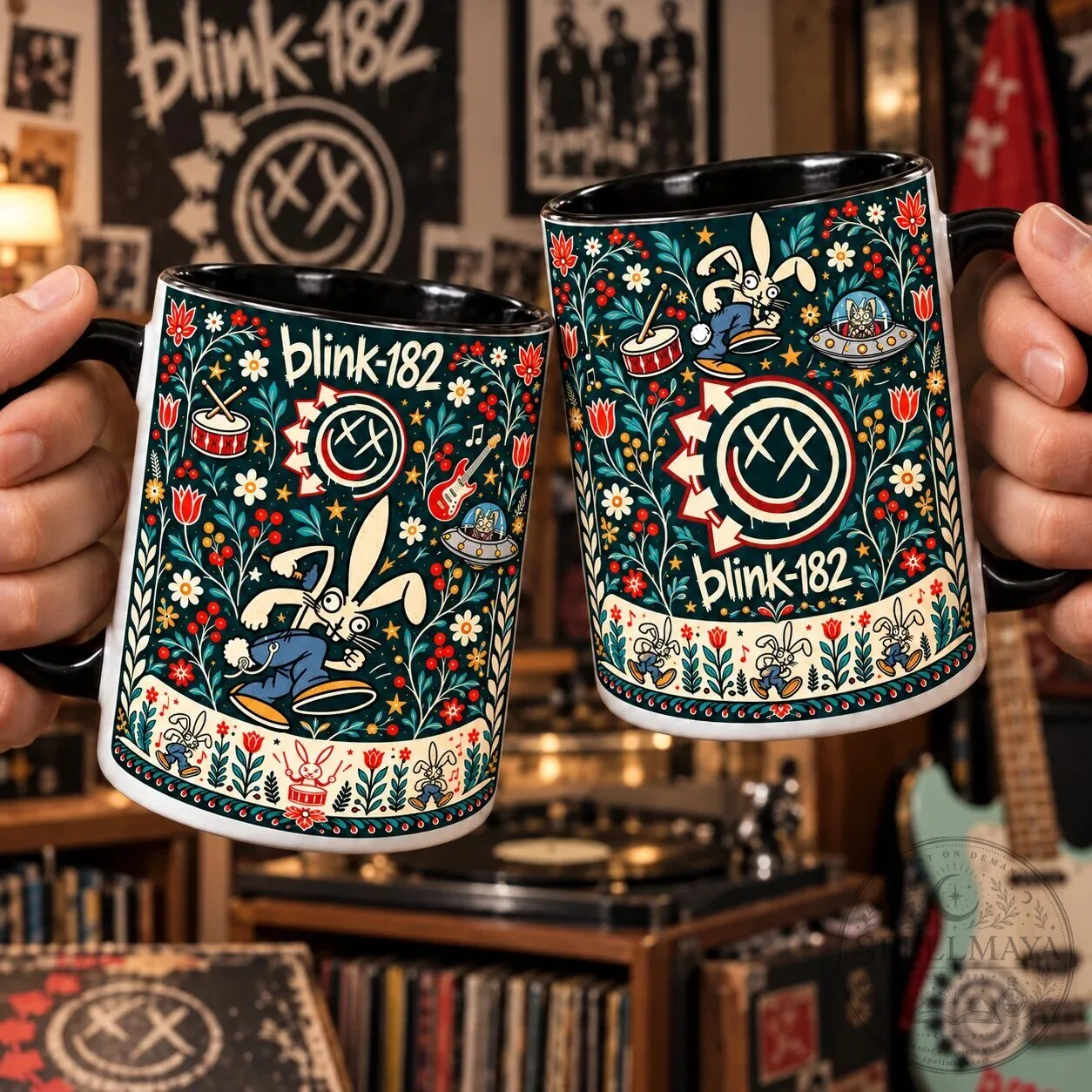 Blink-182 Nordic Folk Art Bunny Mascot and Smiley Logo Coffee Mug 11 Blink-182 Nordic Folk Art Bunny Mascot and Smiley Logo Coffee Mug