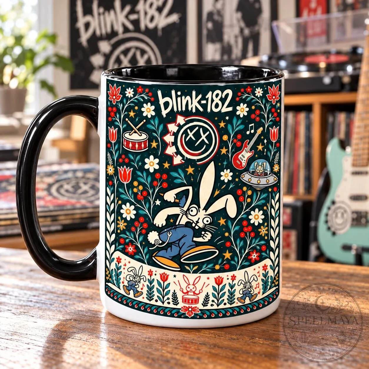 Blink-182 Nordic Folk Art Bunny Mascot and Smiley Logo Coffee Mug 12 Blink-182 Nordic Folk Art Bunny Mascot and Smiley Logo Coffee Mug