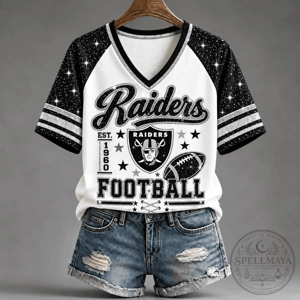 Las Vegas Raiders Starry Spirit Football V-Neck T-Shirt for Women