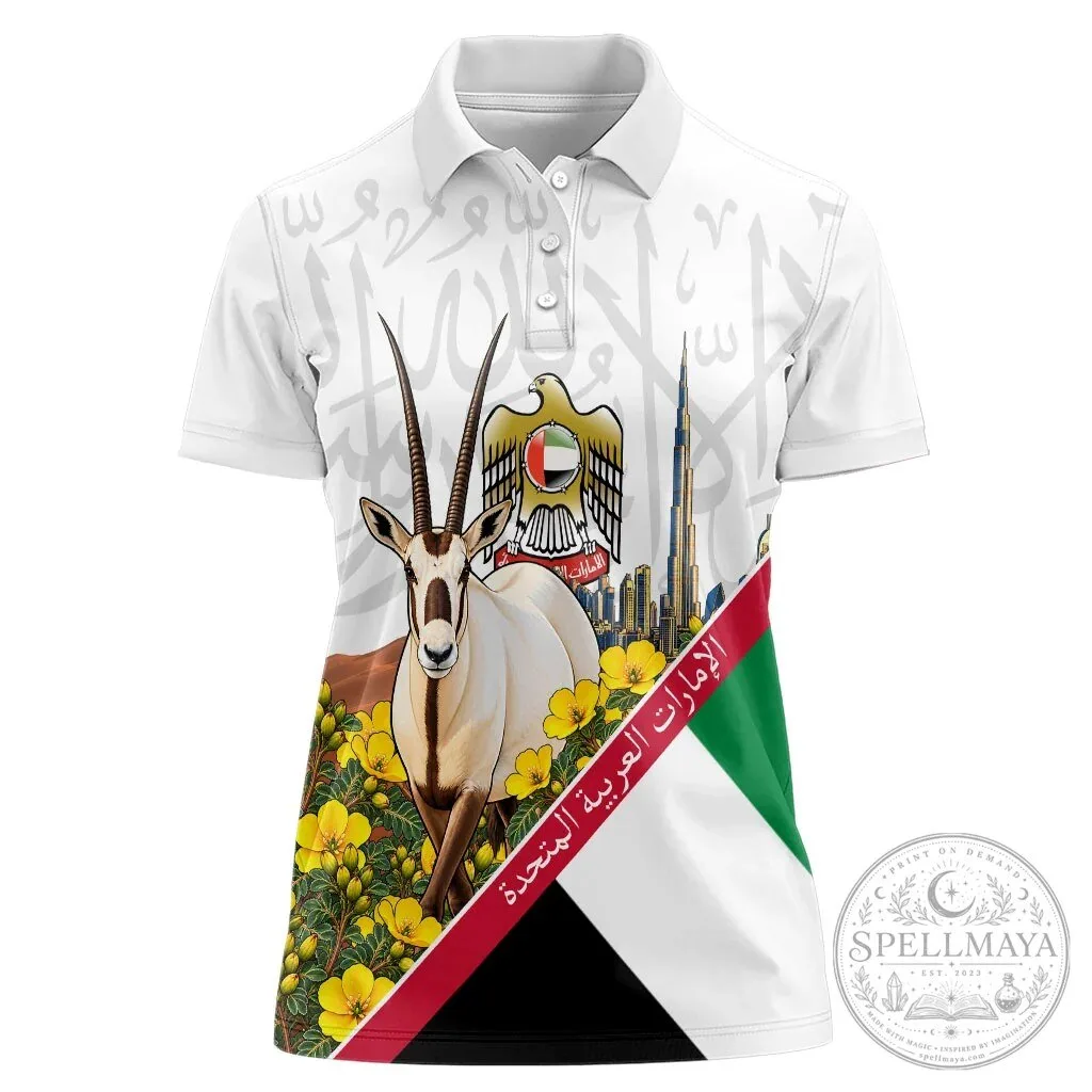 United Arab Emirates National Day Arabian Oryx Floral Arabic Calligraphy Women's Polo Shirt 2 United Arab Emirates National Day Arabian Oryx Floral Arabic Calligraphy Women's Polo Shirt