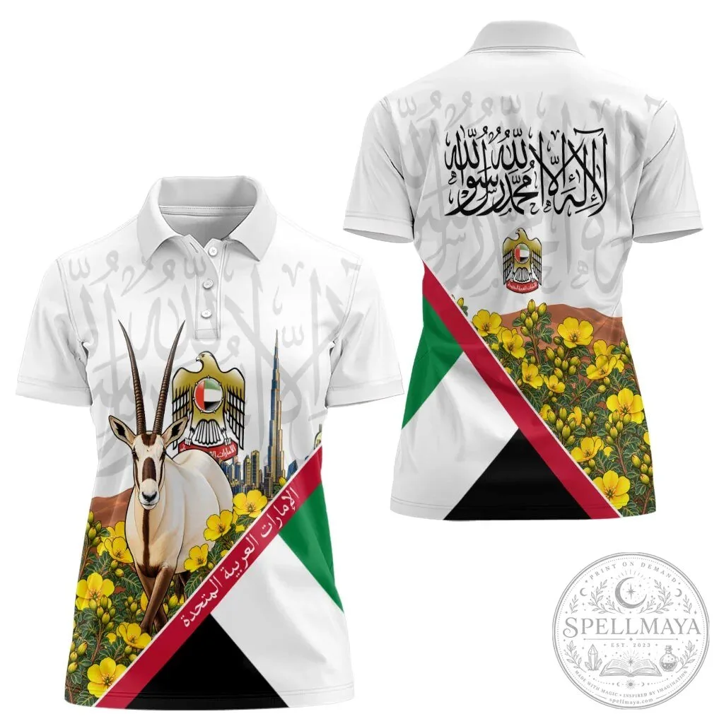 United Arab Emirates National Day Arabian Oryx Floral Arabic Calligraphy Women's Polo Shirt 11 United Arab Emirates National Day Arabian Oryx Floral Arabic Calligraphy Women