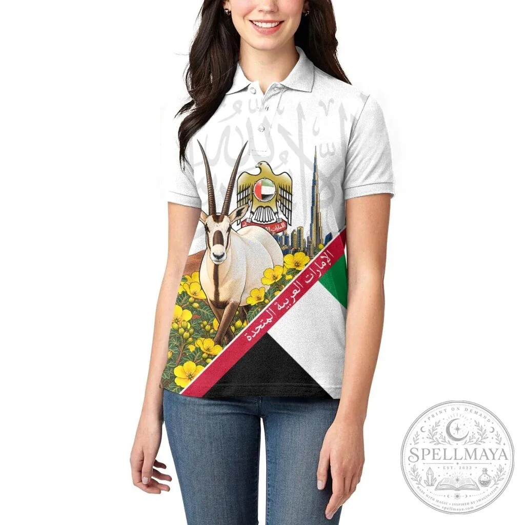 United Arab Emirates National Day Arabian Oryx Floral Arabic Calligraphy Women's Polo Shirt 12 United Arab Emirates National Day Arabian Oryx Floral Arabic Calligraphy Women