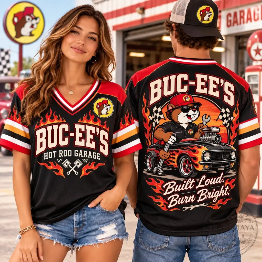 Buc-ee's Hot Rod Garage Flame Built Loud Burn Bright V-Neck Baseball Jersey Buc-ee's Hot Rod Garage Flame Built Loud Burn Bright V-Neck Baseball Jersey