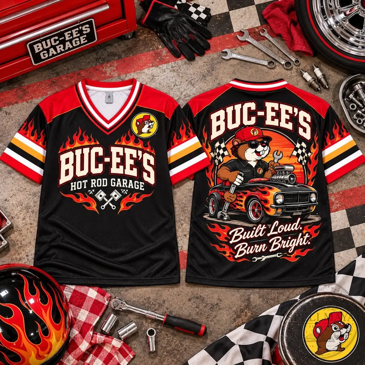Buc-ee's Hot Rod Garage Flame Built Loud Burn Bright V-Neck Baseball Jersey 8 Buc-ee