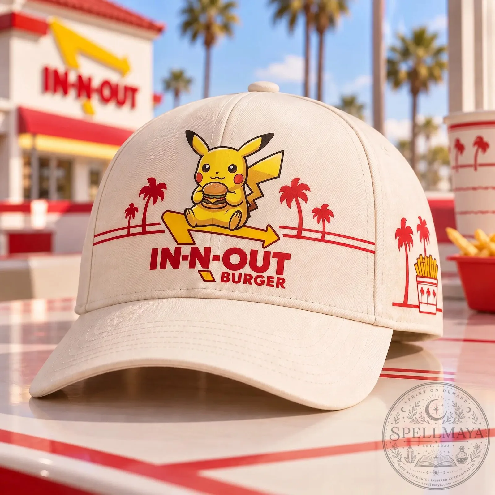 Pokemon Pikachu Eating In-N-Out Burger Fast Food Restaurant Baseball Cap Hat